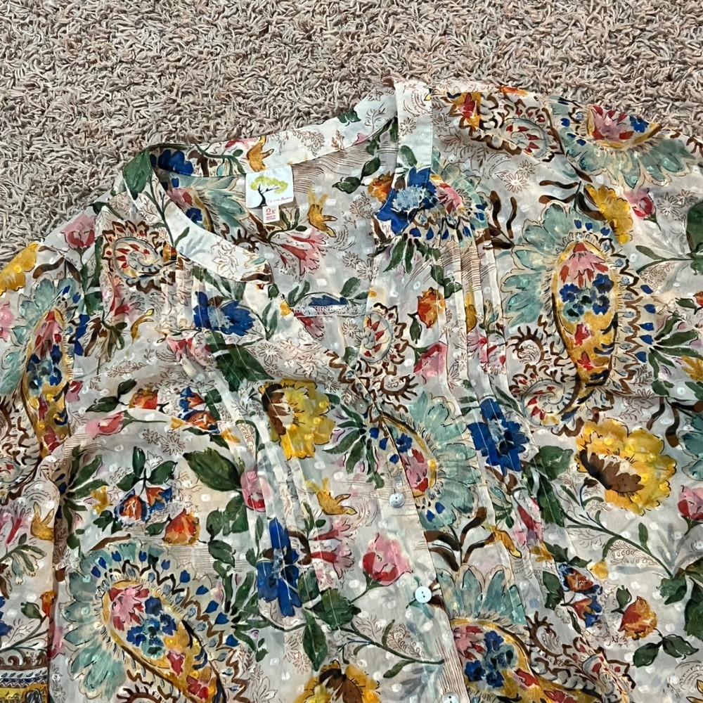 Fig and‎ Flower Tunic Top Floral Paisley Print Blue Yellow Pink Women's 2X
